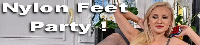 Nylonfeetparty.com picture banner: Blonde model in black pantyhose 